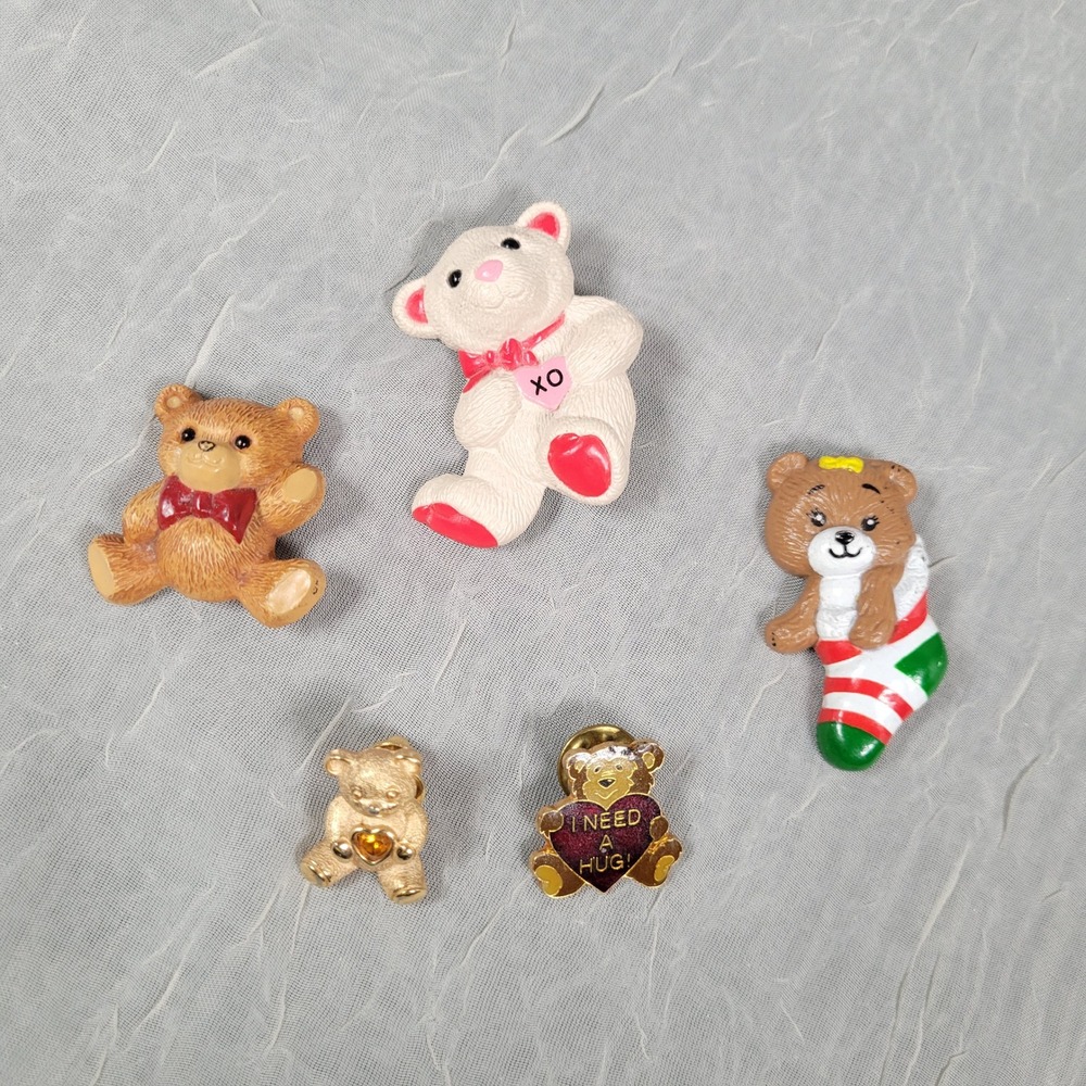 Vintage Teddy Bear Pin Brooch Lot 5 Enamel Resin Gold Tone Avon Jewelry